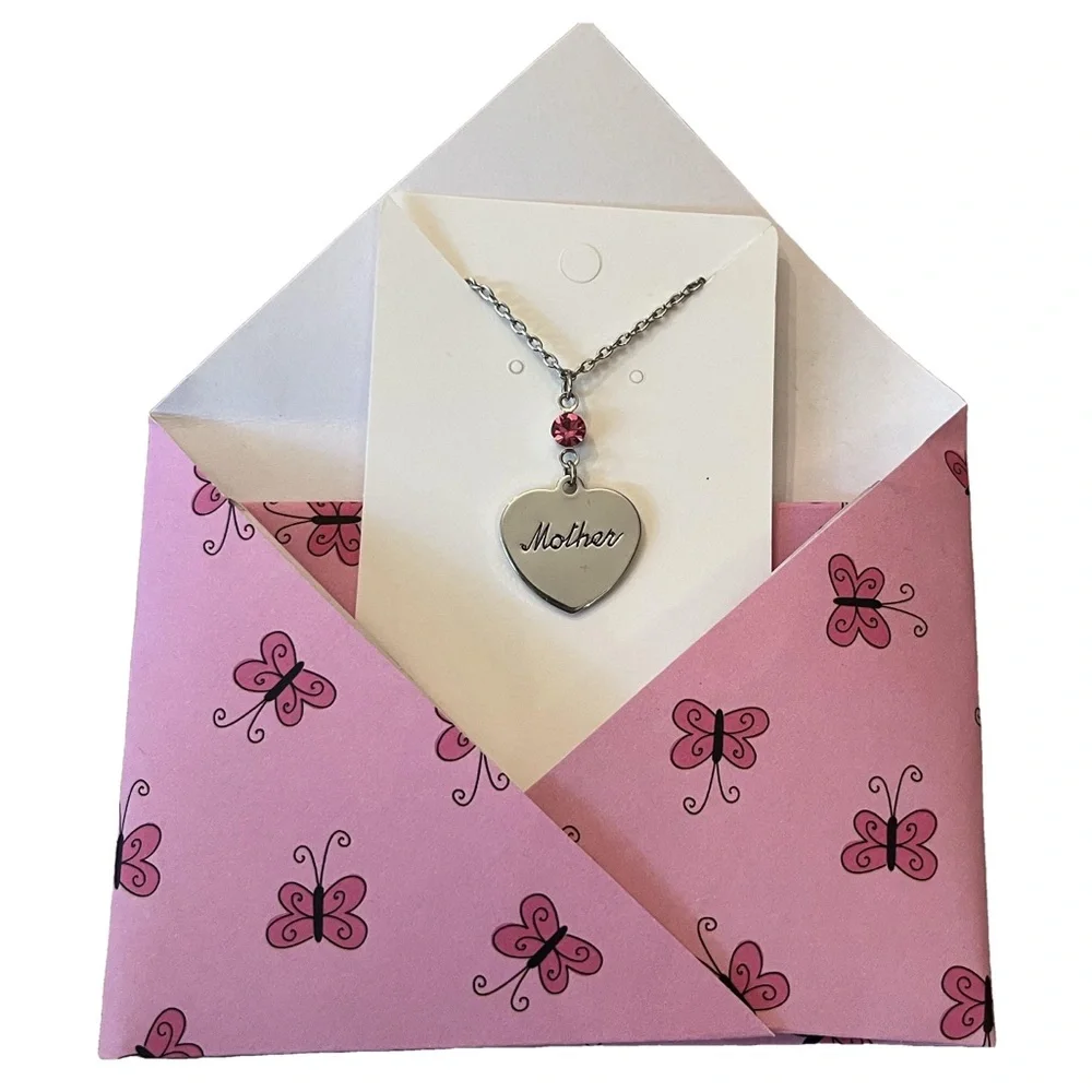 Mother Heart Pendant Necklace w/ Pink Crystal Accent | Gift Ready